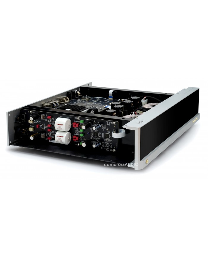 Matrix Audio MS-1 DAC/AMP gümüş renkli, açık şasi ve dahili bileşenleri gösteren dijital ses çalar.