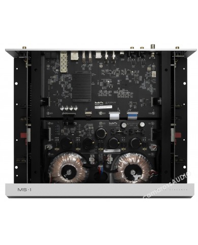 Matrix Audio MS-1 iç bileşenleri ve güç trafoları görünen dijital streamer.