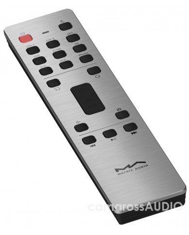 Matrix Audio MS-1 kumanda, gümüş renkli, metal, üzerinde çeşitli tuşlar ve Matrix Audio logosu bulunur.