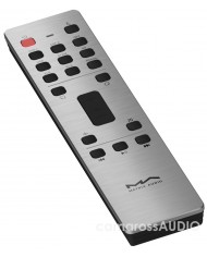 Matrix Audio MS-1 kumanda, gümüş renkli, metal, üzerinde çeşitli tuşlar ve Matrix Audio logosu bulunur.