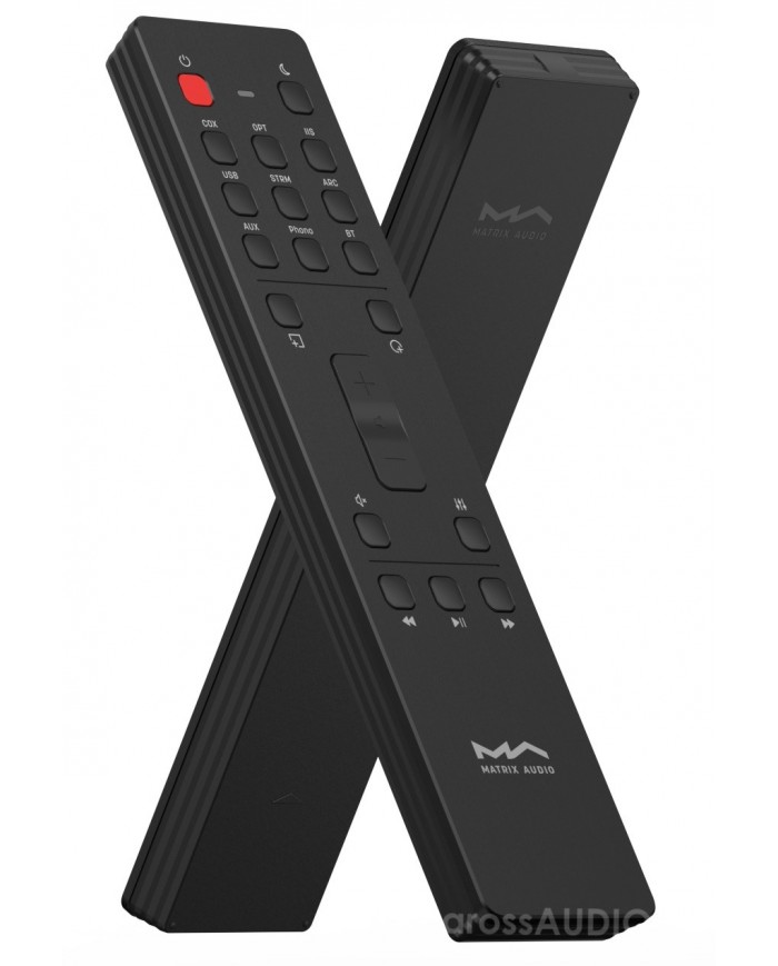 Matrix Audio RM4 siyah uzaktan kumanda, COAX, OPT, USB, STRM, AUX, Phono, BT ve ARC girişlerini destekler