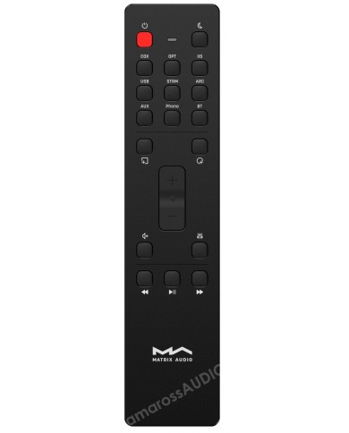 Matrix Audio RM4 uzaktan kumanda, siyah, çeşitli fonksiyon düğmeleriyle.