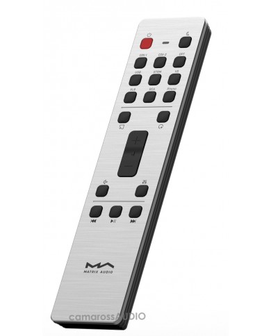 Matrix Audio RM4B uzaktan kumanda, gümüş renk, ses kontrolü ve çeşitli girişler için düğmeler