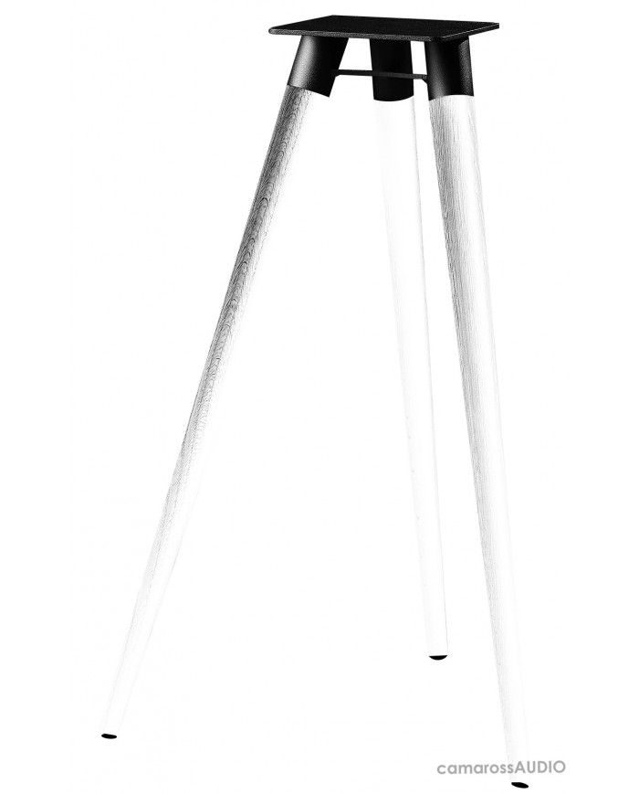 Buchardt Audio Stands tripod hoparlör sehpası, siyah üst ve açık ahşap görünümlü ayaklar.