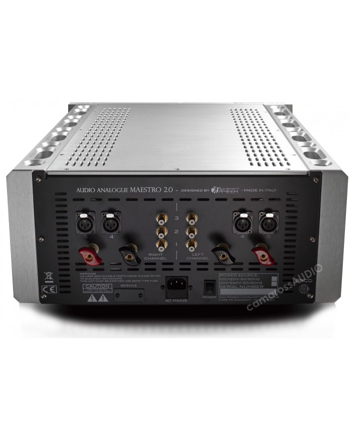 Audio Analogue Maestro 2.0 amplifikatör arka bağlantı paneli, gümüş renkli.