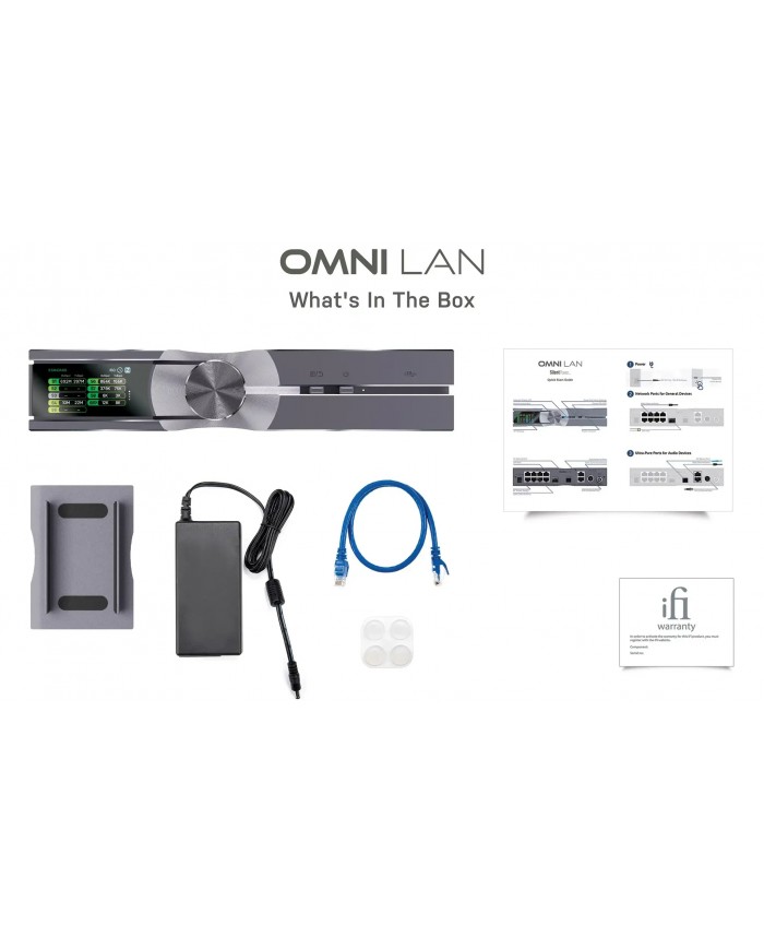 iFi Audio SilentPower OMNI LAN kutu içeriği: cihaz, adaptör, kablo, kılavuz.