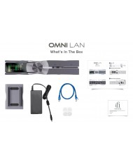 iFi Audio SilentPower OMNI LAN kutu içeriği: cihaz, adaptör, kablo, kılavuz.