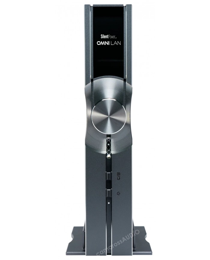 iFi Audio SilentPower OMNI LAN gümüş renkli gürültü önleyici ağ filtre cihazı.