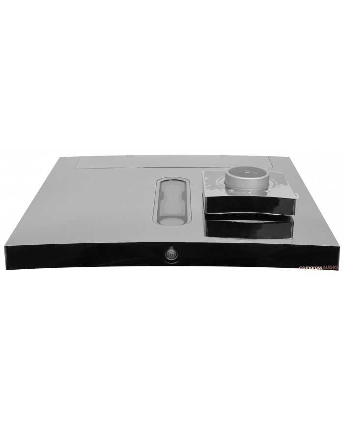 Devialet Expert 250 Pro amfi, parlak siyah/krom üst yüzeyli, yüksek kaliteli ses ekipmanı.