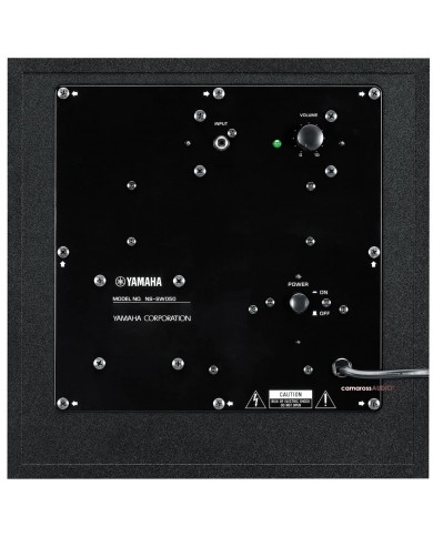 Yamaha NS-SW050 Subwoofer arka bağlantı paneli, siyah, ses ayar düğmeleri.