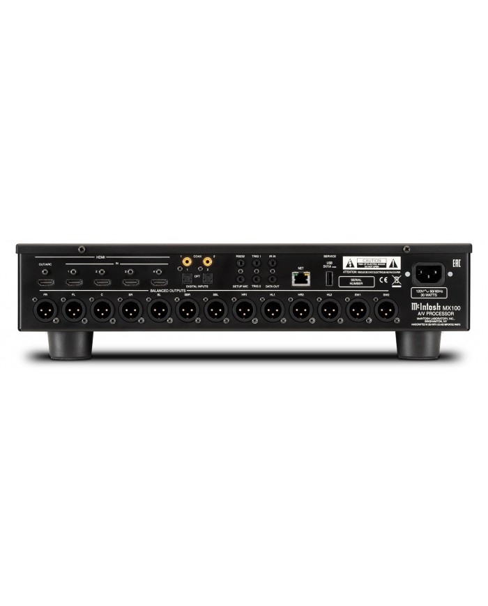McIntosh MX100 A/V Processor arka bağlantı paneli, XLR ve HDMI giriş/çıkışları.