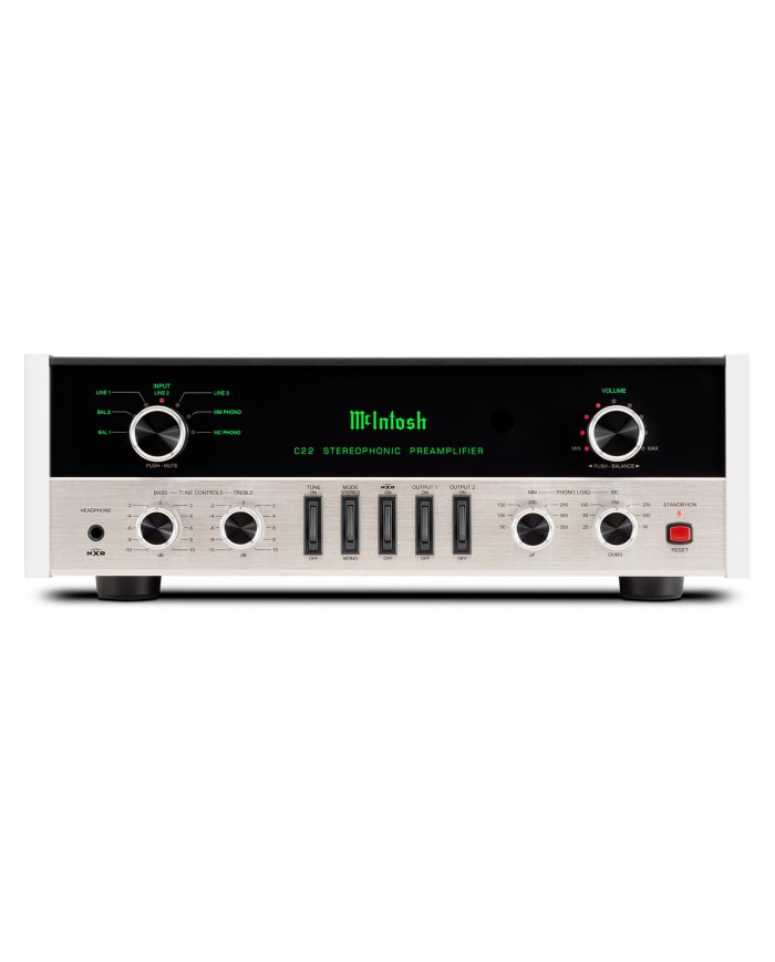 McIntosh C22 MKV Preamplifikatör ön panel, yeşil ekran, gümüş renkli.