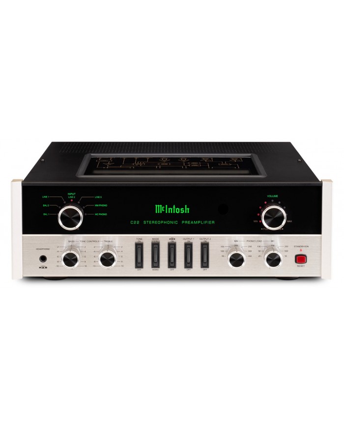 McIntosh C22 MKV Stereofonik Preamplifikatör, siyah ve gümüş ön panel.