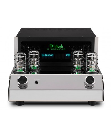 McIntosh C8 Lambalı Preamplifikatör, parlak krom ve yeşil tüplü ön panel.
