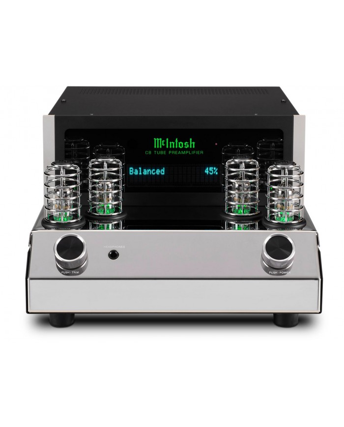 McIntosh C8 Lambalı Preamplifikatör, parlak krom ve yeşil tüplü ön panel.