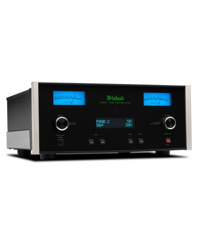 McIntosh C2800 Lambalı Preamplifikatör, siyah ön panel, mavi VU metreler.