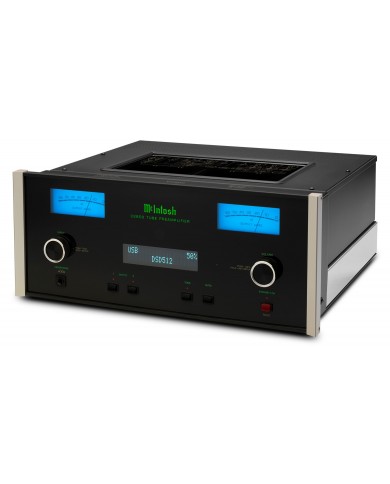 McIntosh C2800 Lambalı Preamplifikatör, siyah ön panel, mavi VU metre.