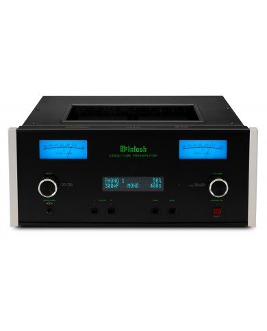 McIntosh C2800 Lambalı Preamplifikatör, mavi VU metreli siyah ön panel.