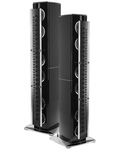 McIntosh XRT1.1K siyah parlak hoparlör çifti, çoklu sürücülü tasarım.
