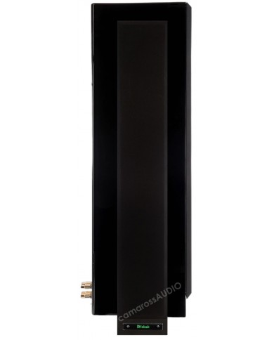 McIntosh XR100 siyah hoparlör yan görünüm, parlak kaplama ve altın terminaller.
