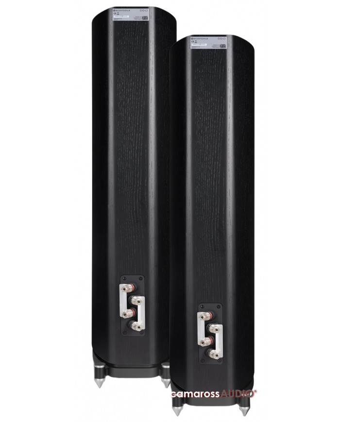 Wharfedale EVO 4.3 siyah hoparlör arkası, ses bağlantı terminalleri ve spike ayaklar.