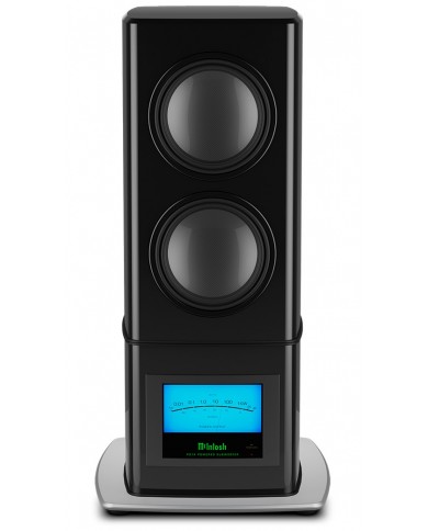 Siyah McIntosh PS1K Powered Subwoofer, mavi VU metreli, yüksek performanslı bas hoparlörü.