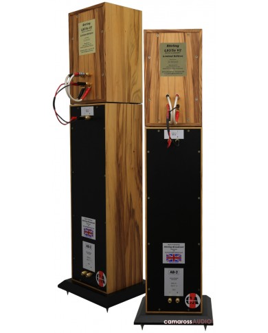 Stirling LS3/5a V2 LTD AB-2 arkası, ahşap kaplama, hoparlör konnektörleri.