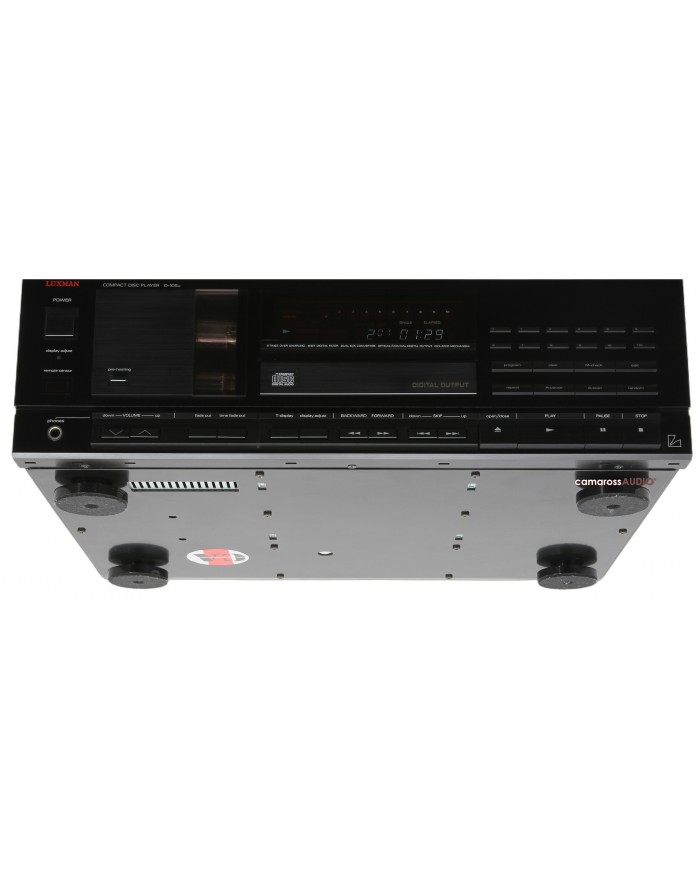 Siyah Luxman D-105u Kompakt CD Çalar ön panel ve alt görünümü.