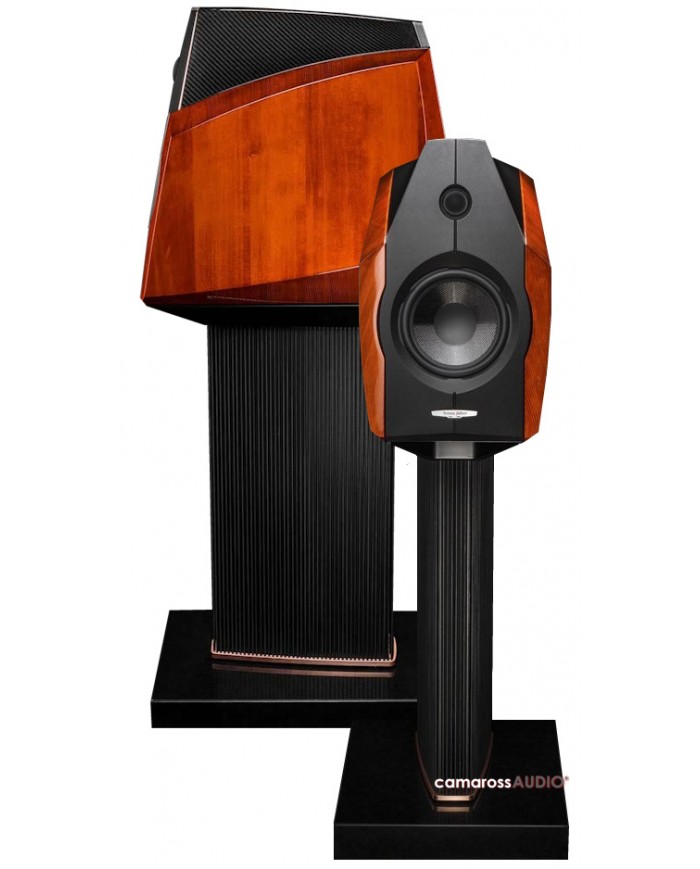 Sonus Faber Ex3ma hoparlör, ahşap ve siyah karbon fiber detaylı, lüks stüdyo monitör.