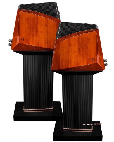 Sonus Faber Ex3ma hoparlör, ahşap gövde, siyah stand.