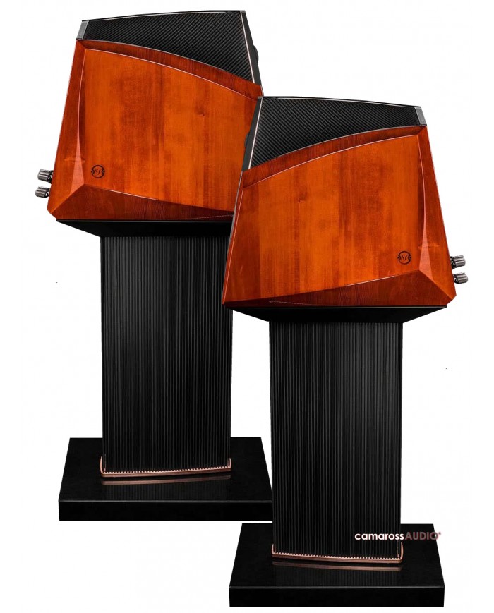 Sonus Faber Ex3ma hoparlör, ahşap gövde, siyah stand.
