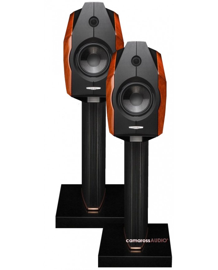 Sonus Faber Ex3ma hoparlör, ahşap yan panel ve siyah stant.