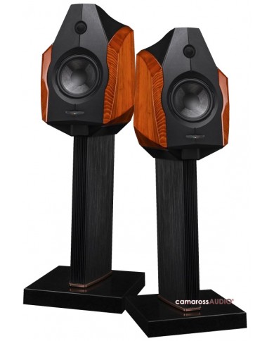 Sonus faber Ex3ma hoparlör, ahşap yan panel ve siyah stand.