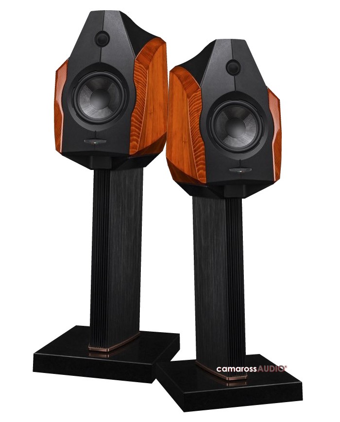 Sonus faber Ex3ma hoparlör, ahşap yan panel ve siyah stand.