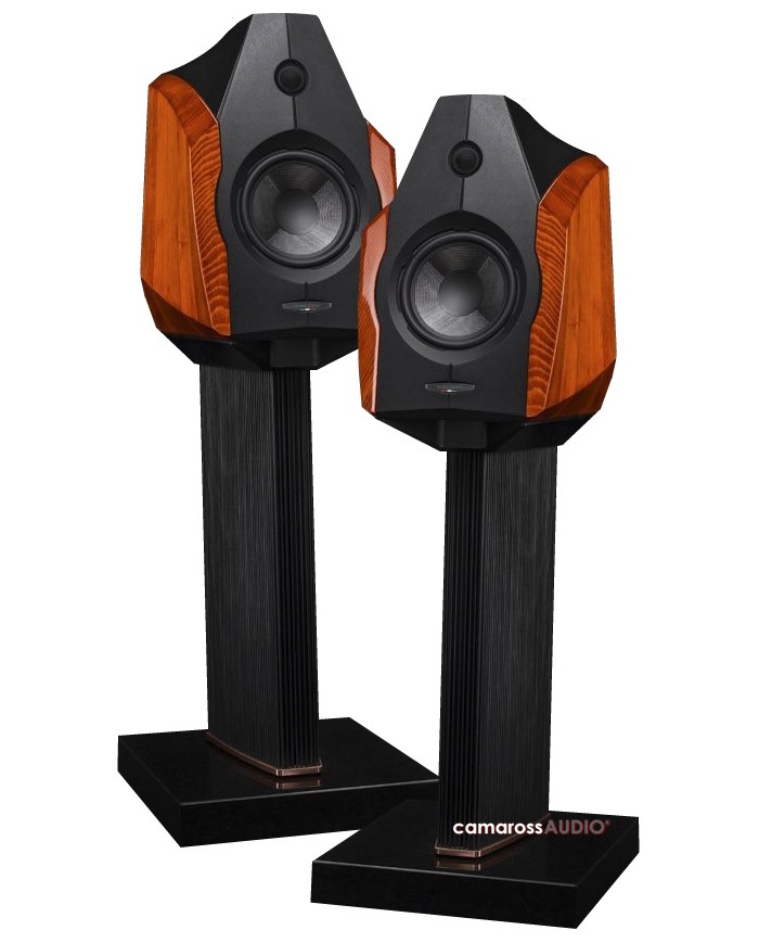 Sonus Faber Ex3ma hoparlör, ahşap kaplama, siyah standlı Hi-Fi ses sistemi.