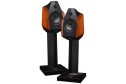 Sonus Faber Ex3ma hoparlör, ahşap kaplama, siyah standlı Hi-Fi ses sistemi.
