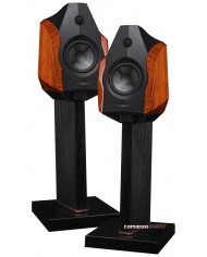 Sonus Faber Ex3ma hoparlör, ahşap kaplama, siyah standlı Hi-Fi ses sistemi.