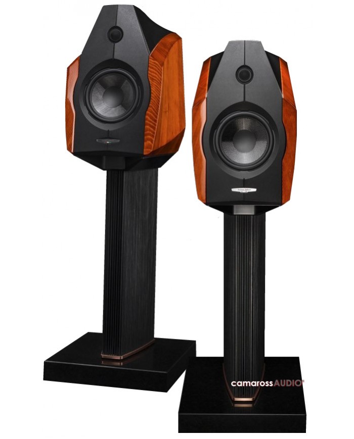 Sonus Faber Ex3ma hoparlör, ahşap ve siyah renkli şık standlı.