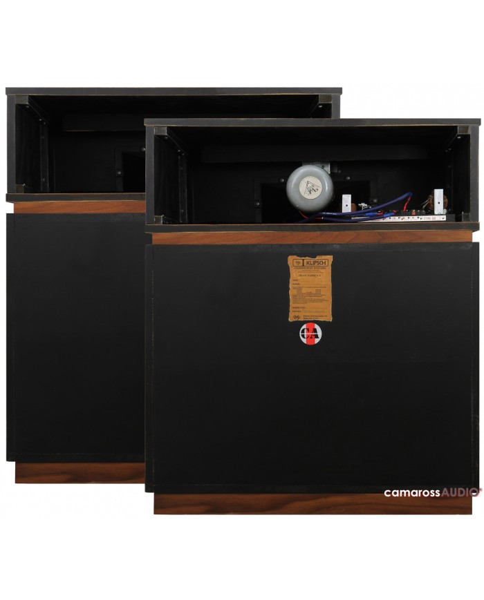 Klipsch Belle hoparlör, siyah ve ahşap detaylı vintage hi-fi ses sistemi.