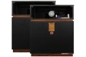 Klipsch Belle hoparlör, siyah ve ahşap detaylı vintage hi-fi ses sistemi.