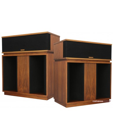 Klipsch Belle hoparlör, ceviz kaplama, vintage tasarım, siyah ızgara.