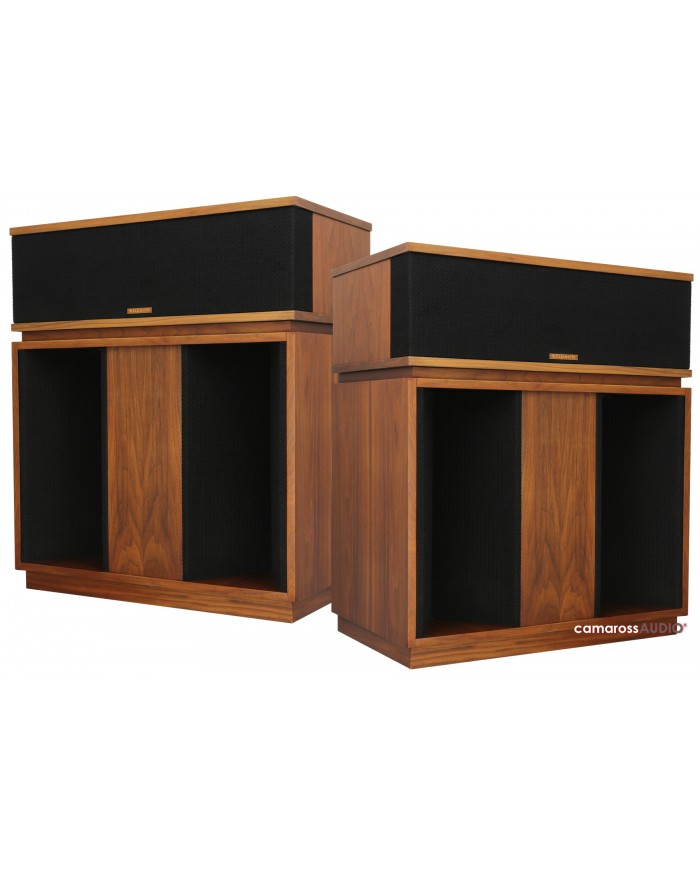 Klipsch Belle hoparlör, ceviz kaplama, vintage tasarım, siyah ızgara.