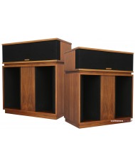 Klipsch Belle hoparlör, ceviz kaplama, vintage tasarım, siyah ızgara.