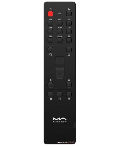 Matrix Audio MD-1 Streamer & Amplifier siyah kumandası, ses kontrol tuşları.