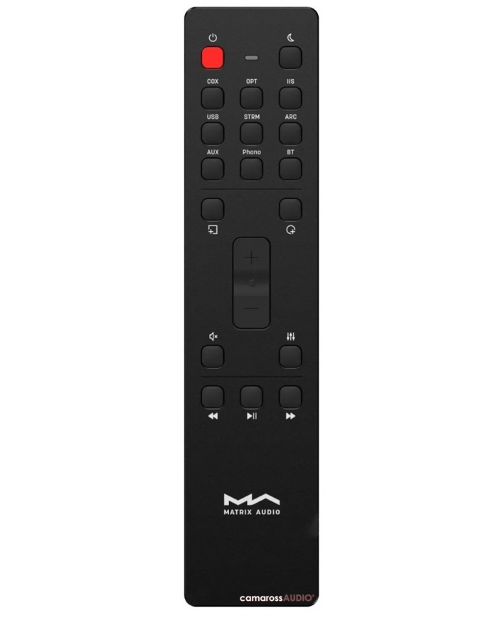 Matrix Audio MD-1 Streamer & Amplifier siyah kumandası, ses kontrol tuşları.