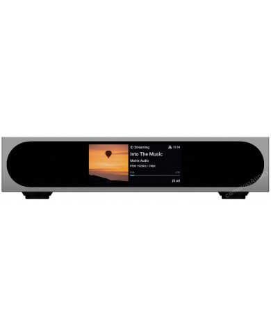 Matrix Mini-i 4 DAC Streamer gümüş renkli ön panel ve dijital ekran.