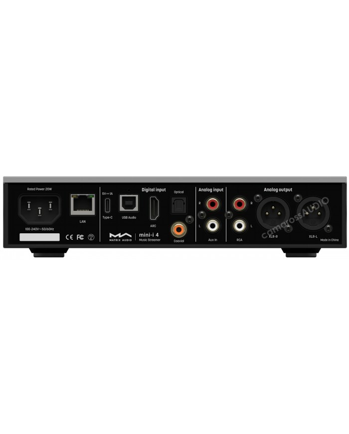 Matrix Mini-i 4 DAC Streamer arka portları: LAN, USB, RCA, XLR.
