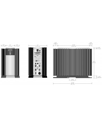 Mark Levinson Pre-Power amfi teknik çizim: boyutlar, ön, arka görünüm.