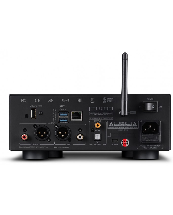 Mission 778S Kablosuz Müzik Yayıncısı arka portları ve Wi-Fi anteni.