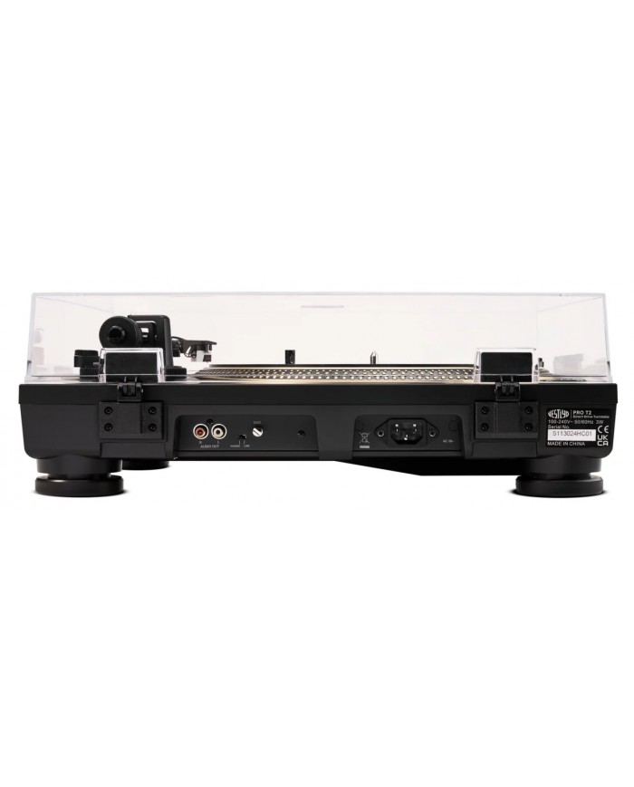Vestlyd PRO T2 Direct Drive Turntable siyah arka bağlantı noktaları ve kapak.